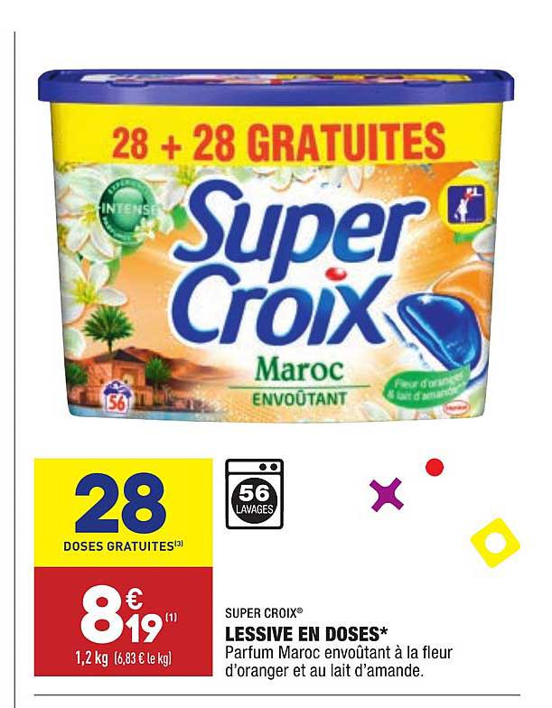 super croix lessive en doses parfum maroc envoûtant à la fleur d'oranger et au lait d'amande 28 doses gratuites