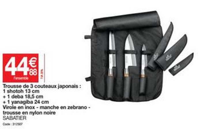 trousse de 3 couteaux japonais : 1 shotoh 13 cm + 1 deba 18.5 cm + 1 yanagiba 24 cm virole en inox manche en zebrano trousse en nylon noire sabatier