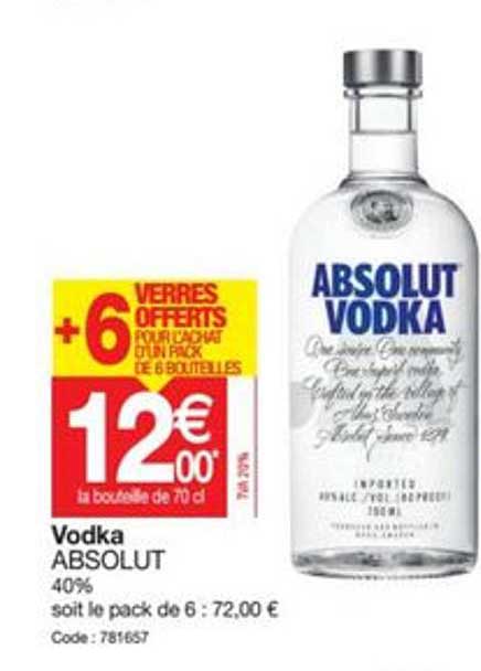 vodka absolut + 6 verres offerts pour l'achat d'un pack de 6 bouteilles