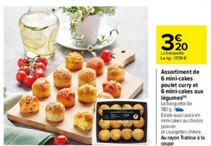 assortiment de 6 mini-cakes poulet curry et 6 mini-cakes aux légumes