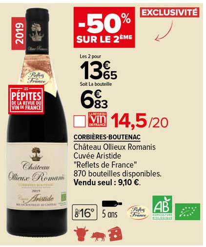 corbières-boutenac château ollieux romanis cuvée aristide "reflets de france" -50% sur le 2ème