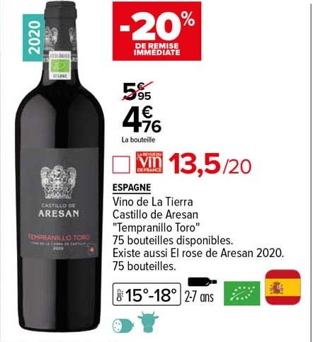 espagne vino de la tierra castillo de aresan "tempranillo toro" 2020