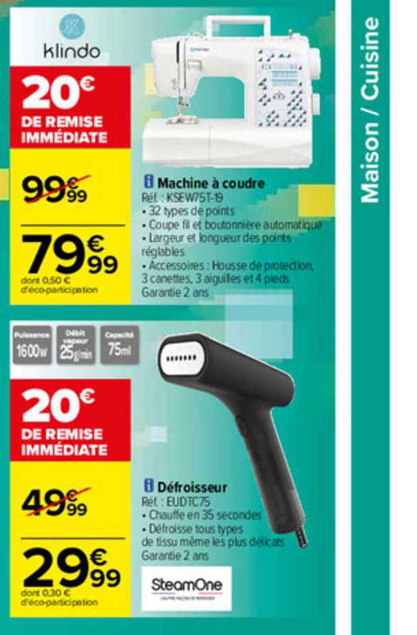 machine à coudre klindo, défroisseur steamone