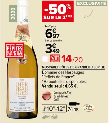 muscadet-côtes-de-grandlieu sur lie domaine des herbauges "reflets de france"