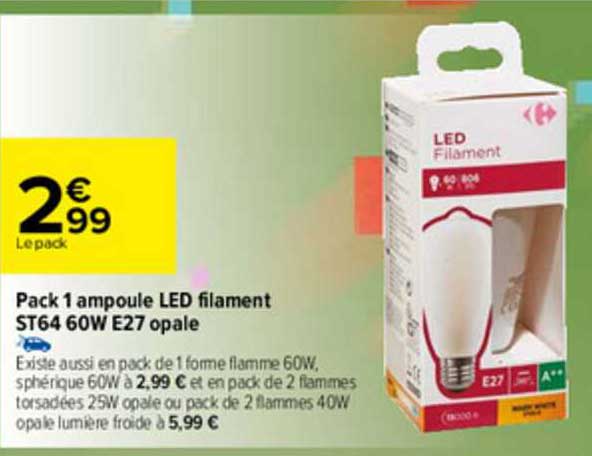 pack 1 ampoule led filament st64 60w e27 opale