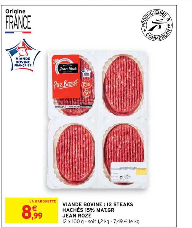 viande bovine : 12 steaks hachés jean rozé