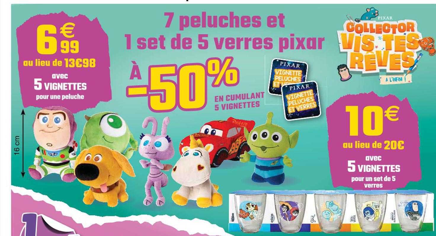 7 peluches et 1 set de 5 verres pixar