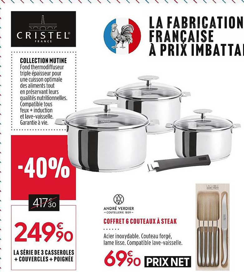 coffret 6 couteaux à steak andré verdier, série de 3 casseroles + couvercles + poignée cristel france