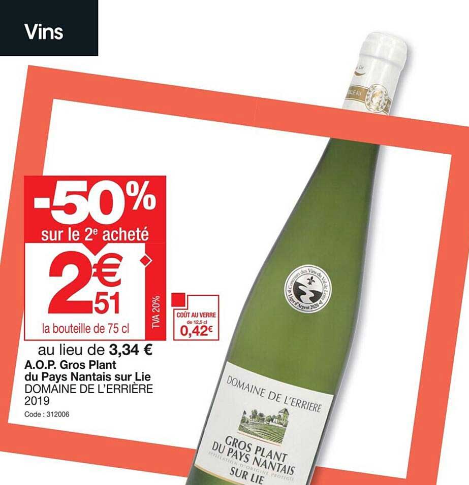 a.o.p. gros plant du pays nantais sur lie domaine de l'errière 2019