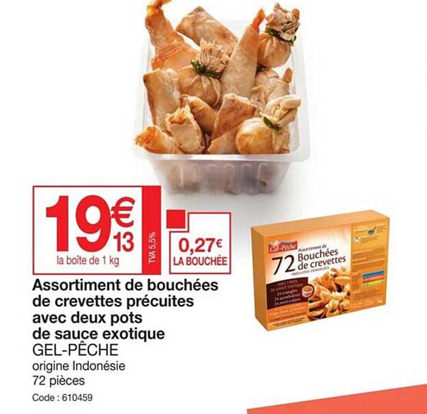 assortiment de bouchées de crevettes précuites avec deux pots de sauce exotique gel-pêche
