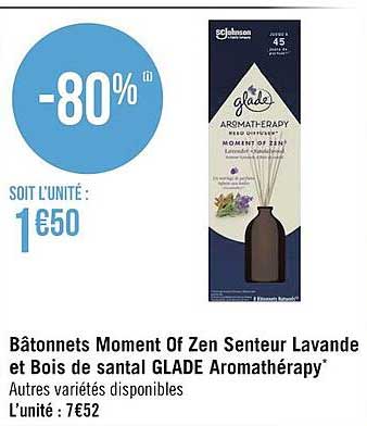 bâtonnets moment of zen senteur lavande et bois de santal glade aromathérapy