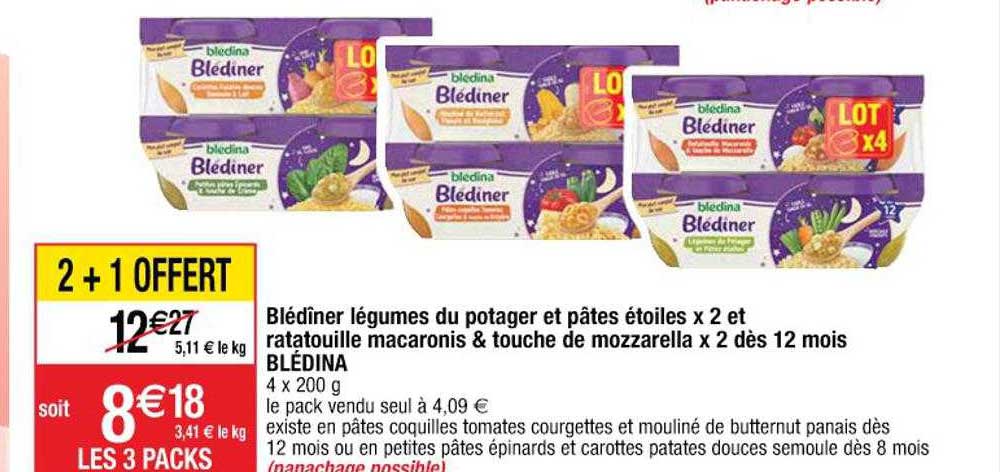 blédîner légumes du potager et pâtes étoiles x2 et ratatouille macaronis & touche de mozzarella x2 dès 12 mois blédina