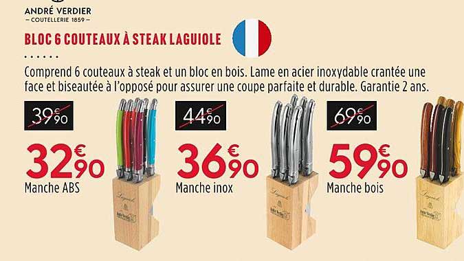 bloc 6 couteaux à steak laguiole andré verdier