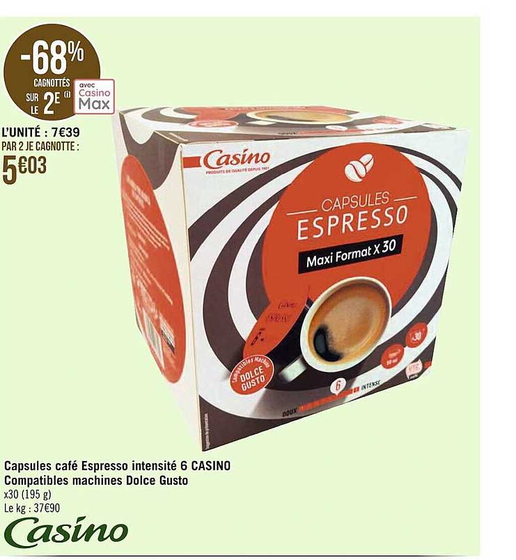 capsules café espresso intensité 6 casino compatibles machines dolce gusto
