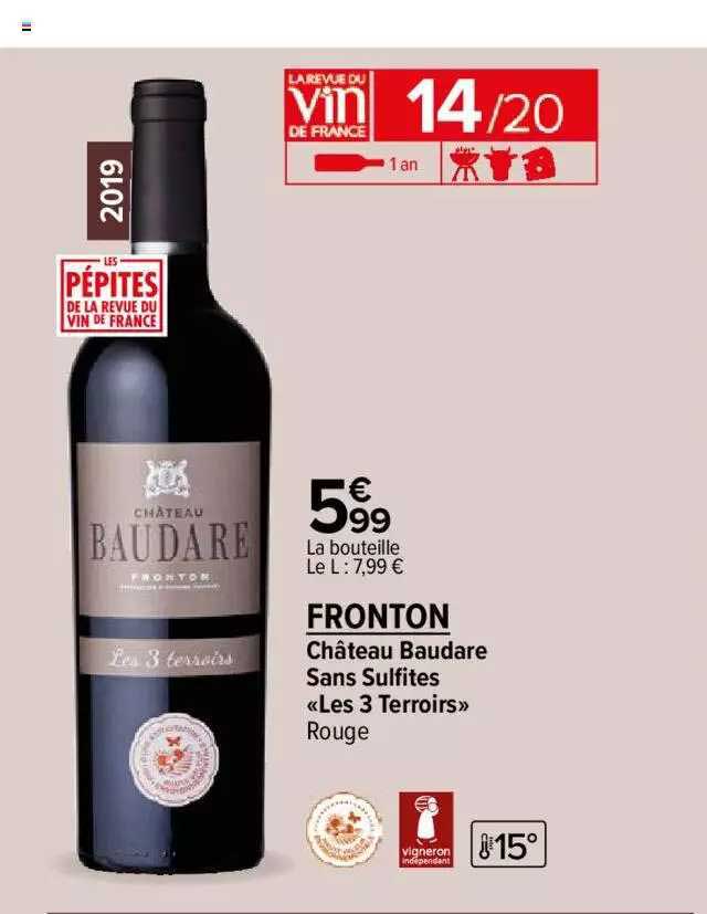 château baudare sans sulfites «les 3 terroirs» rouge fronton