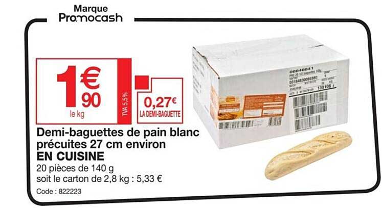 demi-baguettes de pain blanc précuites 27 cm environ en cuisine