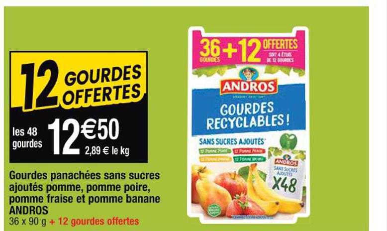 Gourdes Panachées Sans Sucres Ajoutés Pomme, Pomme Poire, Pomme Fraise Et Pomme Banane Andros