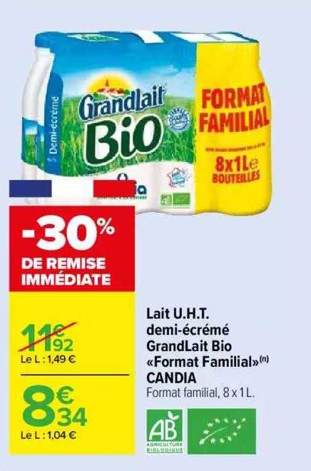 lait u.h.t. demi-écrémé grand lait bio «format familial» candia