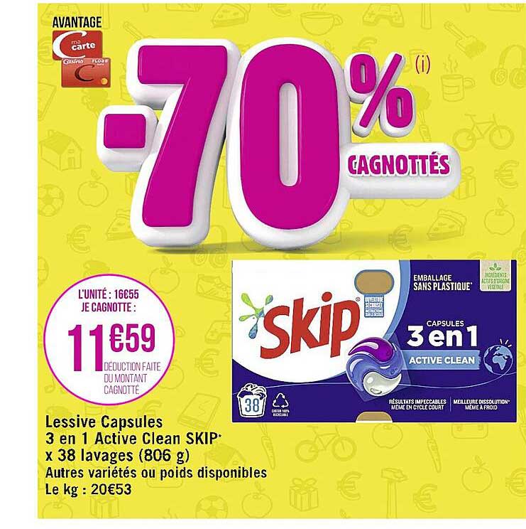 lessive capsules 3en1 active clean skip x 38 lavages