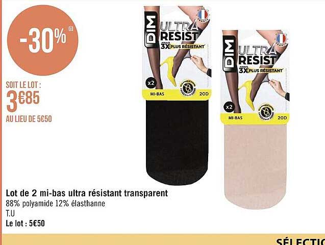 lot de 2 mi-bas ultra résistant transparent