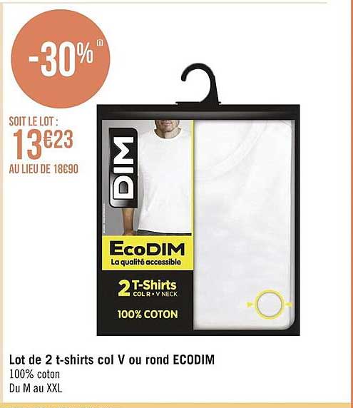 lot de 2 t-shirts col V  ou rond ecodim dim