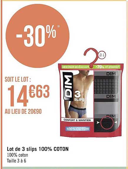Lot De 3 Slips 100% Coton Dim