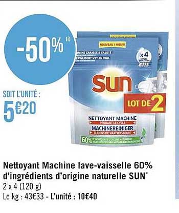 nettoyant machine lave-vaisselle 60% d'ingrédients d'origine naturelle sun