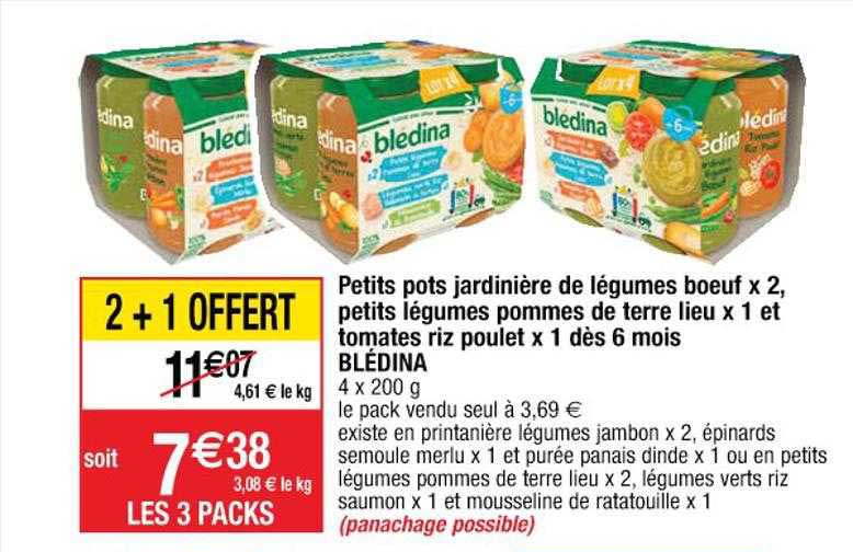 petits pots jardinière de légumes boeuf x 2, petits légumes pommes de terre lieu x1 et tomates riz poulet x1 dès 6 mois blédina