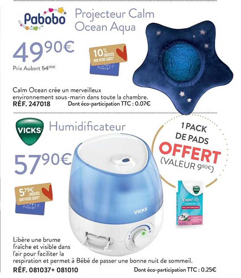 projecteur calm océan aqua pabobo, humidificateur vicks