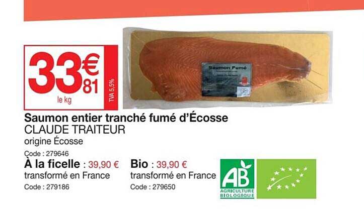 saumon entier tranché fumé d'écosse claude traiteur