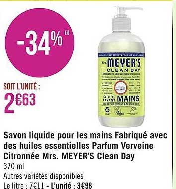 savon liquide pour les mains fabriqué avec des huiles essentielles parfum verveine citronnée mrs meyer's clean day
