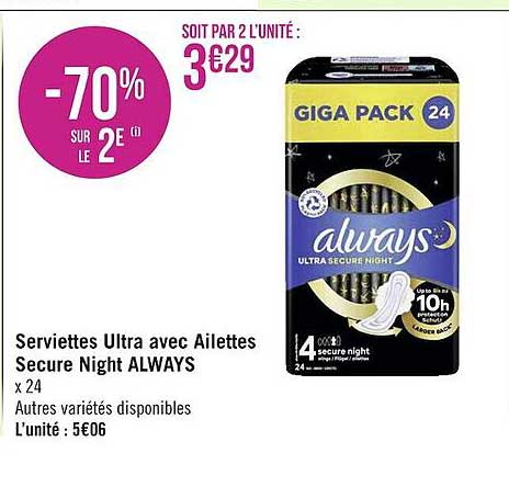 serviettes ultra avec ailettes secure night always