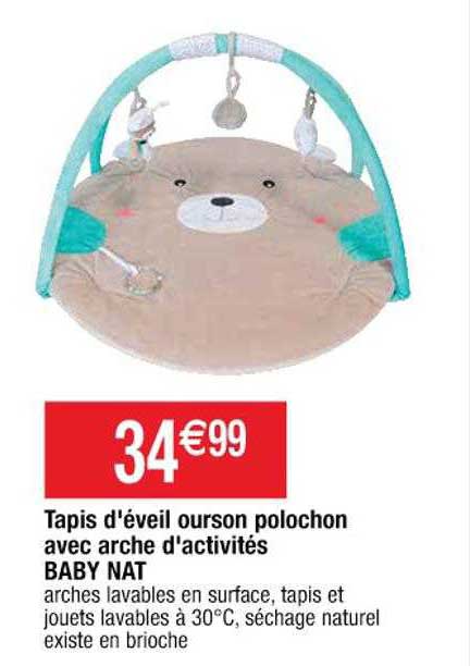 tapis d'éveil ourson polochon avec arche d'activités baby nat