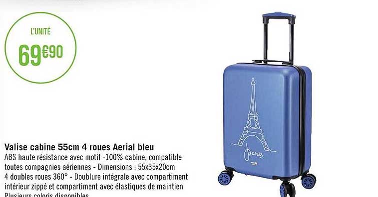 valise cabine 55cm 4 roues aerial bleu