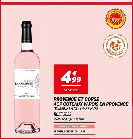provence et corse aop coteaux varois en provence domaine la colombe hve3 rosé 2022