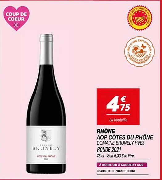 rhône aop côtes du rhône domaine brunely hve3 rouge 2021