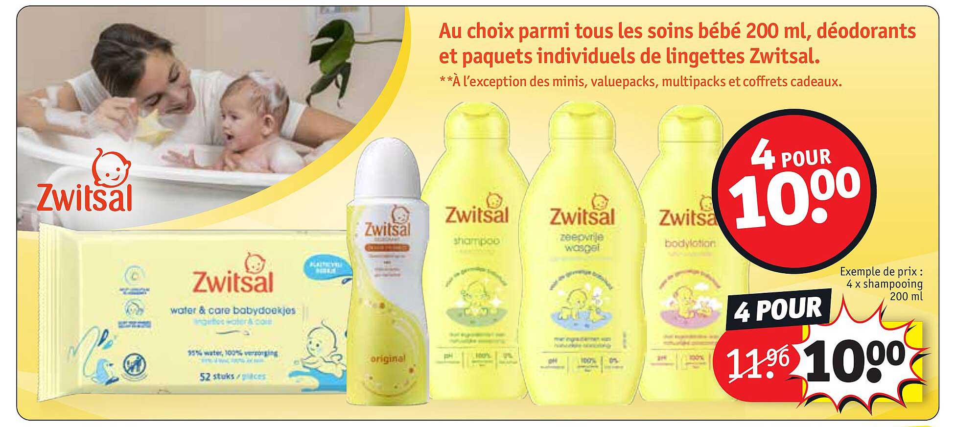soins bébé 200 ml, déodorants et paquets individuels de lingettes zwitsal