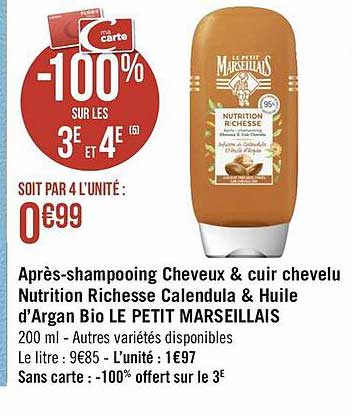 après-shampooing cheveux & cuir chevelu nutrition richesse calendula & huile d'argan bio le petit marseillais