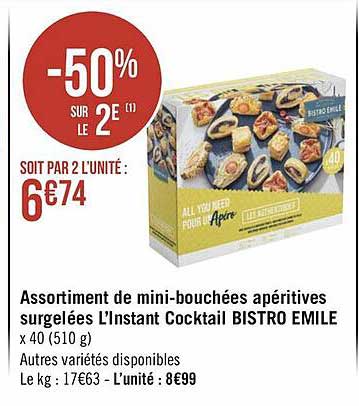 assortiment de mini-bouchées apéritives surgelées l'instant cocktail bistro emile