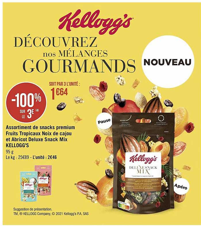 assortiment de snacks premium fruits tropicaux noix de cajou et abricot deluxe snack mix kellogg's