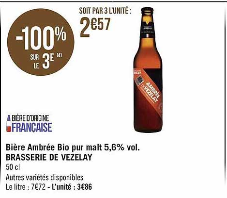 bière ambrée bio pur malt 5,6% vol. brasserie de vezelay