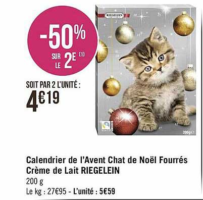 calendrier de l'avent chat de noël fourrés crème de lait riegelein