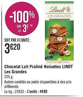chocolat lait praliné noisettes lindt les grandes