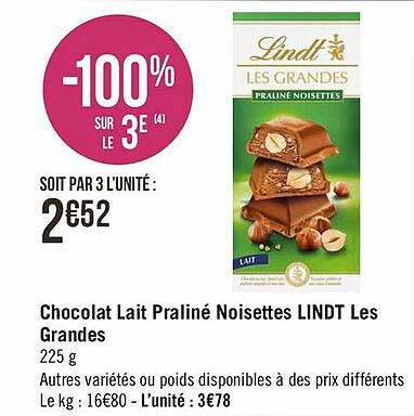 Chocolat Lait Praliné Noisettes Lindt Les Grandes