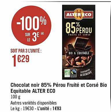 Chocolat Noir 85% Pérou Fruité Et Corsé Bio équitable Alter éco