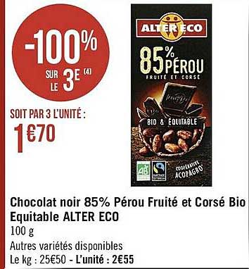 chocolat noir 85% pérou fruité et corsé bio équitable alter éco