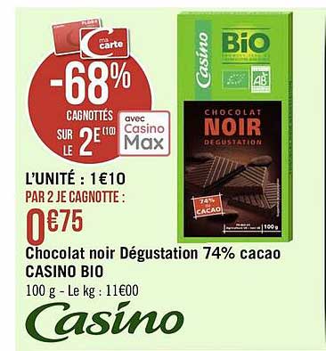 Chocolat Noir Dégustation 74% Cacao Casino Bio