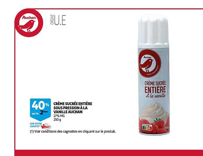 crème sucrée entière sous pression à la vanille auchan