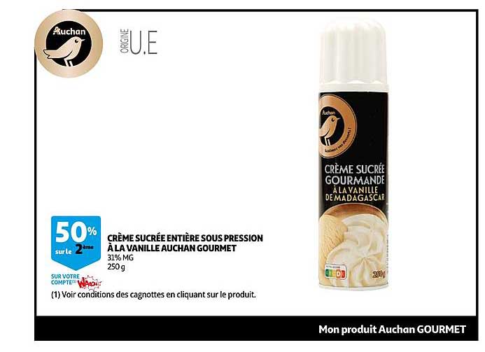 crème sucrée entière sous pression à la vanille auchan gourmet
