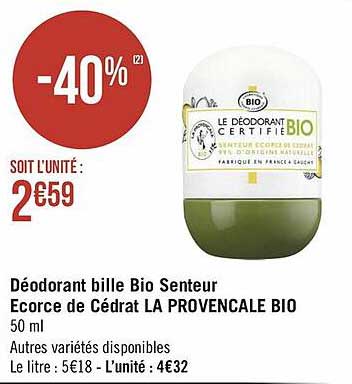 déodorant bille bio senteur écorce de cédrat la provençale bio